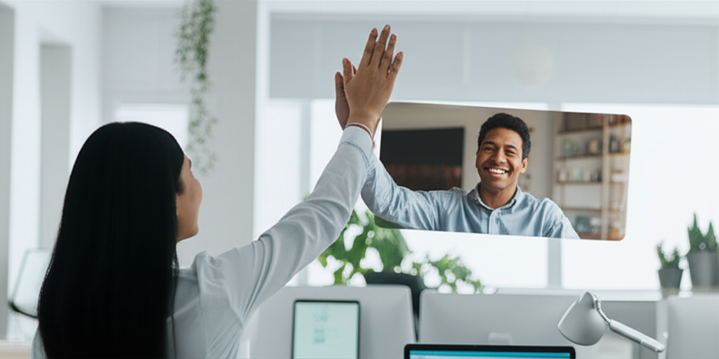 Energetic recruiter giving a virtual high-five to a candidate